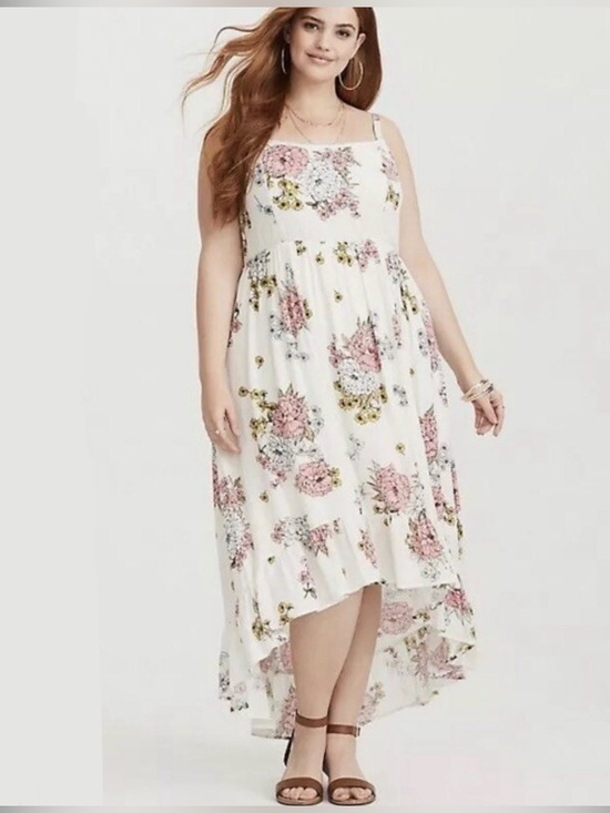 Dresses & Skirts - Torrid 2 midi high low dress white floral women’s 2x smocked ruffle spaghetti st